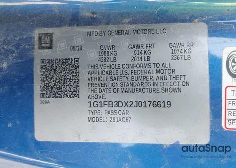 2018 Chevrolet Camaro 1Lt from USA, damaged, VIN 1G1FB3DX2J0176619